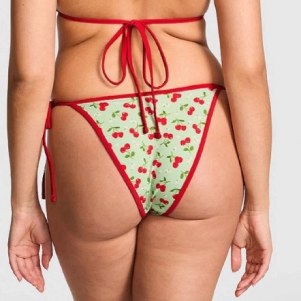 New! Frankie’s Bikinis x Pink Cherry Print Bikini Bottom green 1546